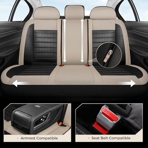 Coverado Car Seat Covers Full Set, Luxury Leather Car Seat Covers, Automotive Front and Rear Mesh Seat Covers, Full Set 5 Seats, Black Beige Seat Covers for SUV Sedan Truck - color: Beige&Black, size: FullSet