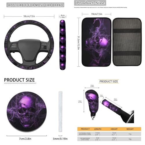 16 Pcs Car Seat Cover Full Sets, Skull Printed Soft Car Front Rear Seat Covers with Steering Wheel Cover Center Console Covers Seatbelt Pads Head Rest Protector Car Coaster, Universal Fits - color: Black and Purple - Skull