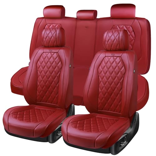 CAR PASS Luxury Nappa Leather Seat Covers Full Set, 3D Rhombus Waterproof Faux Leather Seat Covers, Premium Automotive Seat Cushion Universal Fit for Sedan SUV Truck Van,Airbag Compatible Burgundy Red - color: burgundy red