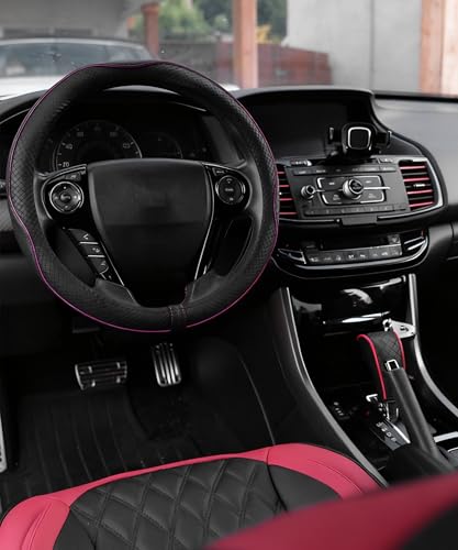 Steering Wheel Cover,Car Accessories 14.5-15 Inch Leather Steering Wheel Cover,Anti-Slip Breathable Microfiber Leather Covers,Warm in Winter and Cool in Summer,Fit for Suvs (Black-Pink)