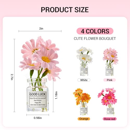 Daisy Car Dashboard Decorations - 4 Pack Mini Floral Accessories for Women - Secure Adhesive & Residue-Free Removable Vases for New Car Gift