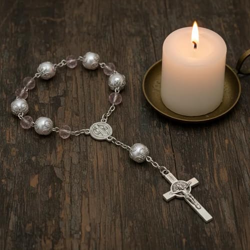 One Decade Car Rosary with St. Benedict Medal Catholic Auto Rear View Mirror Charm Pink Glass Beads Spiritual Protection Pendant Religious Car Accessories for Men and Women - color: Pink