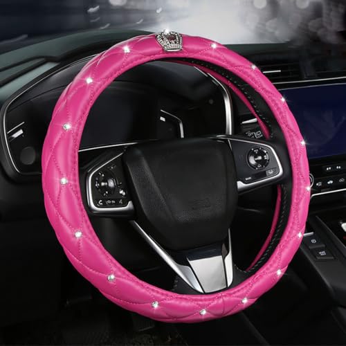 Leather Bling Steering Wheel Cover for Women Car Steering Wheel Protector Anti-Slip Universal Fit 14 1/2-15 inch-Hot Pink with Crown - color: Hot Pink with Crown