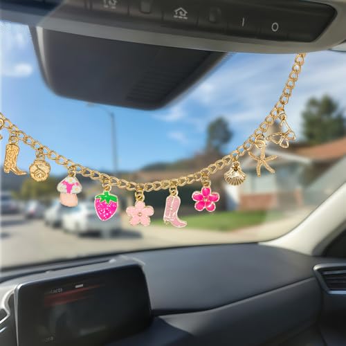 Strawberry & Flower Seashell Butterfly Rear View Mirror Charm โ Cute Boho Car Hanging Decor with Bow, Lucky Mushroom & Cowboy Boot, Car Accessories for Women, Gift for Drivers