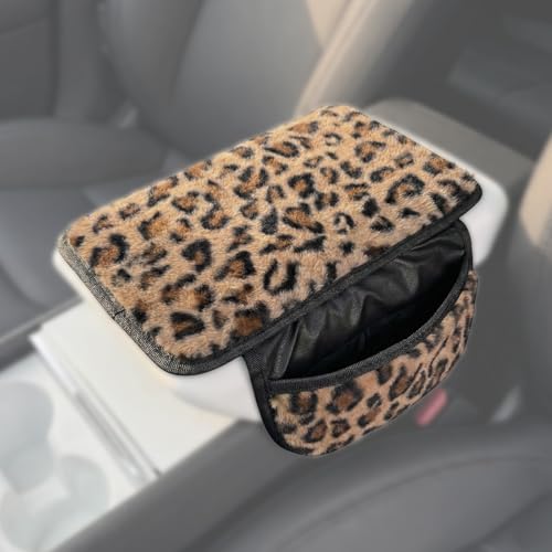 Plush Leopard Print Car Center Console Cover with Side Pockets, Fluffy Armrest Cushion Pad,Soft Cheetah Car Interior Decorations Accessories with Storage for Women,Universal Fit for Vehicles SUV Truck