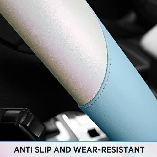 Road Comforts Steering Wheel Cover – Breathable Leather Steering Wheel Cover, Anti-Slip Grip, Universal Fit 14.5” to 15”, Heat & Cold Resistant for Cars, SUVs, and Trucks – Shining White & Blue - color: White&Blue
