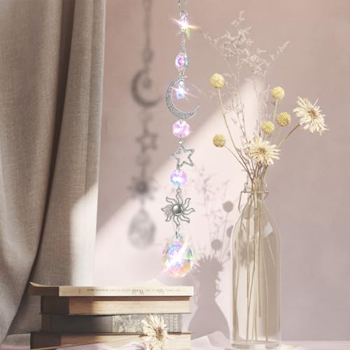 Moon and Star Rear View Mirror Car Charm, Cute Boho Sun Catcher Pendant Hangings Ornaments Healing Crystals Stones Car Decor for Women Men(B)