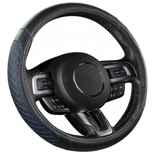 Car Steering Wheel Cover for Ford Escape,Explorer,Fusion,Focus,Bronco,Transit,Edge(Diamond Quilted - Black+Blue- Standard Size)