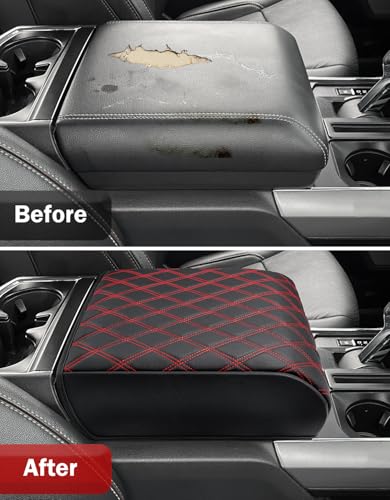 KBH Center Console Armrest Cover for 2021-2026 Ford F150, Middle Console Lid Protector, Arm Rest Box Cushion, Anti-Scratch, Black-Red Stitch (Fits Bucket Seat Console Only) - size: Bucket Seat, 21-26 F150, Red Stitch