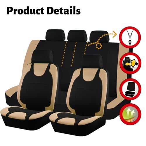 Car Seat Covers Full Set, Polyester Vehicle Front & Rear Bench Seat Protectors with 5 Headrest Covers, Automotive Interior Chair Protection Accessories, Universal Fit (Beige) - color: Beige