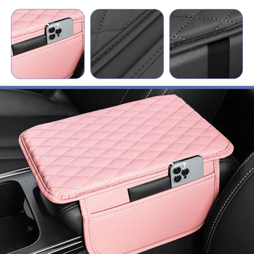 Car Center Console Cover, Upgrade Soft Skin-friendly Leather Arm Rest Cover for Car, Universal Anti-slip Scratch-resistant Armrest Mat with Side Storage Bags, for Trucks, Cars, SUVs (Pink) - color: Pink
