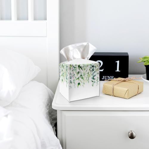 Watercolor Green Leaves Tissue Box Cover Holder, Leather Tissue Box Cover with Bottom Belt, Square Facial Paper Organizer for Tabletop, Bathroom, Kitchen, Car & Office -047 - color: Leaves