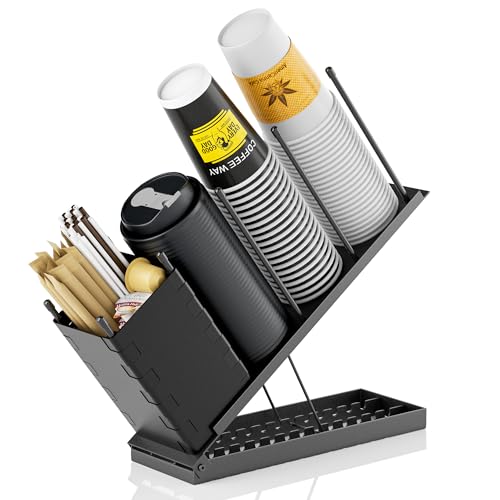 Dunatou Adjustable Cup and Lid Holder with Straw Holder & Storage Box – 4-Compartment Coffee Cup Organizer Dispenser for Countertop, Office Coffee Bar Station, Ninja Slushi Machine, Dirty Soda Bar