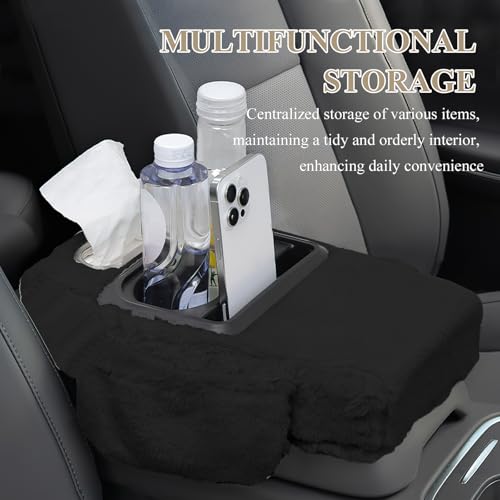 wuyaoyao Car Center Console Armrest Pillow, 13.78"×7.87"×2.76" Soft Plush Arm Rest Cover for Cars, 5-in-1 Warm Fluffy Auto Armrest Cushion Pad w/Pocket, Tissue Box, Cup Holder (Black) - color: Black