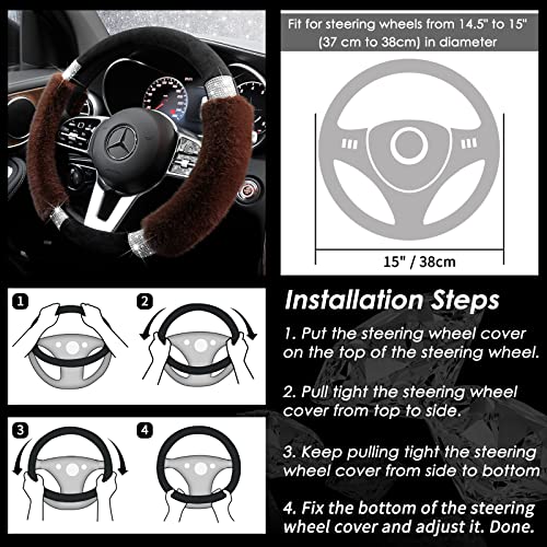 Achiou Rhinestone Fluffy Steering Wheel Cover - Comfortable Non-Slip Luxury Faux Wool, Universal Fit for 14.5" to 15" Steering Wheels