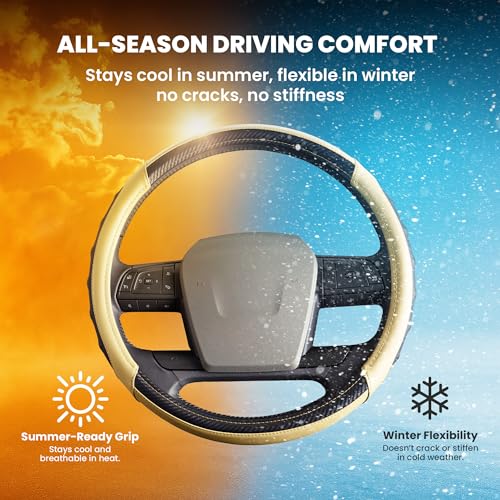 18 Inch Semi Truck Steering Wheel Cover for Freightliner Cascadia, Kenworth T680 T880, Peterbilt 579 & Volvo VNL – Heavy Duty Anti-Slip Leather Grip for Big Rig Class 8 Trucks – Brown - color: Tan