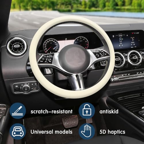 Car Steering Wheel Cover, 13 to 14.17 inches Non-Slip Silicone Steering Wheel Protector, Car Accessories Thin Soft Leather Texture Steering Wheel Protective Cover for Most Cars (Beige) - color: Beige