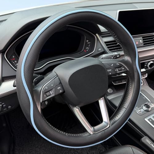 Leather Steering Wheel Cover, with Anti-Slip Stripe Design - Enhanced Grip, Fashion Style, Safe, Non-Slip, Breathable. Upgrade car Interior,Black Blue - color: Black Blue