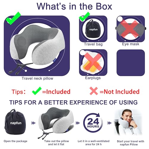 napfun Neck Pillow for Traveling, Upgraded Travel Neck Pillow for Airplane 100% Pure Memory Foam Travel Pillow for Flight Headrest Sleep, Portable Plane Accessories, Light Grey