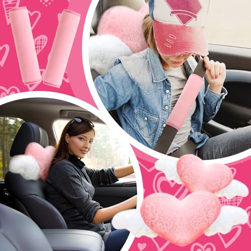 4 Pcs Car Accessories Set Include 2 Pcs Pink Heart Shaped Car Headrest Pillow with Angel Wings2 Pcs Pink Faux Fur Universal Seatbelt Cover Kawaii Soft Neck Rest Cushion for Truck SUV Decor