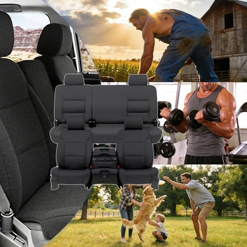 Seat Covers for Chevy Silverado & GMC Sierra 1500 2014 2015 2016 2017 2018 Front & Rear 60/40 Split Bench Full Set Foam Padded Heavy-Duty Automotive Seat Cover Set - Black - size: 14-18 Front and Rear