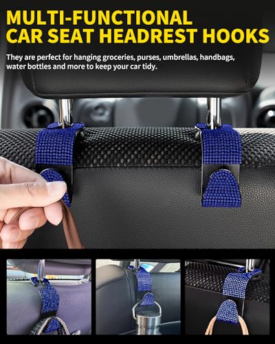 4 Pack Blink Diamond Car Seat Headrest Hooks Crystal Rhinestone Car Purse Holder Universal Car Interior Accessories for Handbags Water Bottles Purse Coats Umbrellas, Blue - color: Blue