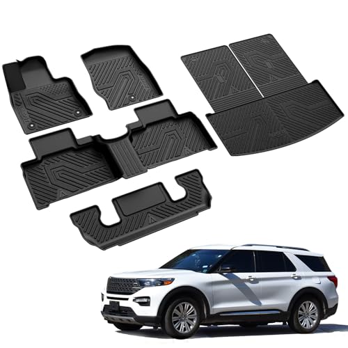 LASFIT Floor Mats & Cargo with Backrest Mat for Ford Explorer 2020-2021 6 Passenger, Custom Fit All Weather Protector TPE Easy Clean Floor Liners, 5pcs Full Set Black - style: 3) Explorer 6-Seat| 20-21 | Combo Set