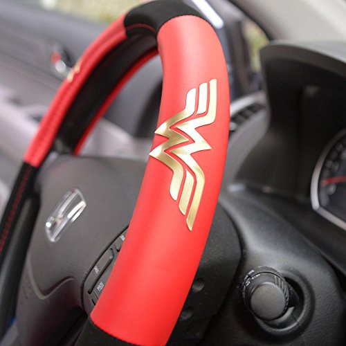 BDK Wonder Woman Steering Wheel Cover - Synthetic Leather - Stars & Gold Logo - Fits All Standard Size Wheel 15 Inch, Model Number: WBSW-1904 - style: Wonder Woman - Three tone