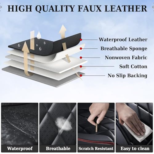 Coverado Car Seat Covers Full Set, Luxury Faux Leather Waterproof Seat Covers, Black Car Seat Covers, Universal Car Seat Protector Leather Car Seat Cushion, Carseat Cover Fit Most Cars, Black&Red - color: A-Black&Red, size: Full Set