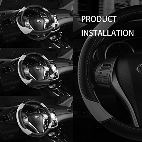 Leather Car Steering Wheel Cover, Non-Slip Car Wheel Cover Protector Breathable Microfiber Leather Universal Fit for Most Cars(Grey) - color: Grey