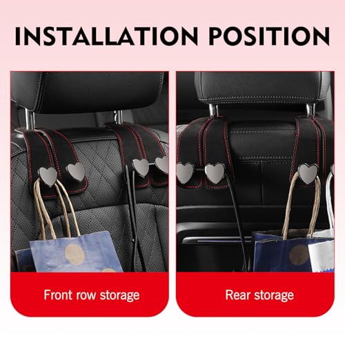 2 PCS Car Seat Hooks, Suede Heart-Shaped Double Hooks Headrest Organizer, Heavy-Duty Multi-Functional Auto Back Seat Phone Holder, Universal for Most Cars (Black)