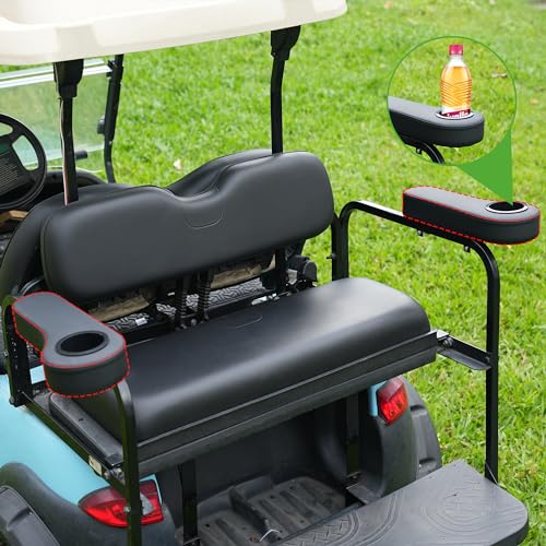 10L0L Golf Cart Rear Seat Armrest, Leather with Cup Holder, No Drilling Required, Fits EZGO, Club Car, Yamaha and Other Universal Models.Fits 1" Square Tubes only. - color: Black