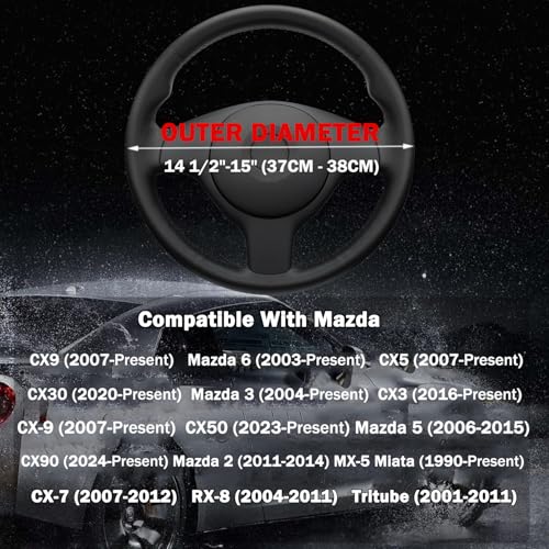 Leather Steering Wheel Cover for Mazda CX5/CX-5 CX50/CX-50 CX3/CX-3 CX30/CX-30 CX9/CX-9 Mazda 3 5 6 MX-5 Miata CX-7 RX-8 GS GT Sport Car Accessories, 2026 Black 14.5-15 inch