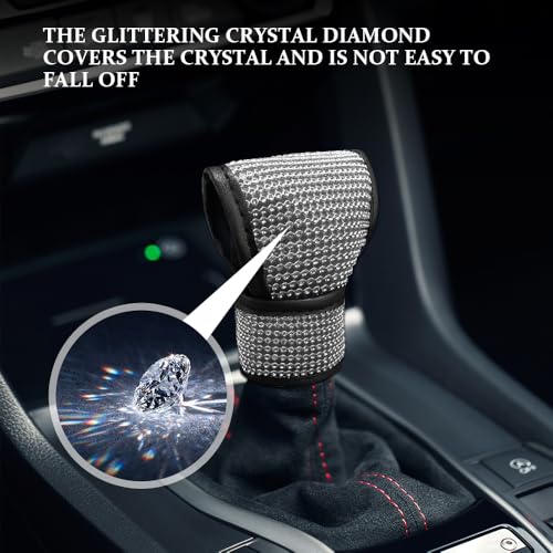 Bling Auto Gear Shift Knob Cover, Rhinestones Car Knob Gear Stick Protector, Sparkly Crystal Car Shifter Lever Cover, Universal Bling Interior Decoration Accessories for Women Girls