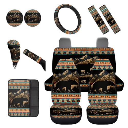 Dreaweet Mountain Bear Aztec Car Seat Covers Full Set 12 Pcs Southwestern Car Accessories Seat Covers with Steering Wheel Cover/Arm Rest Pads/Seat Belt Pads/Coasters/Gear Shift Cover/Handbrake Cover - color: Mountain Bear Aztec