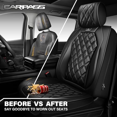 CAR PASS Luxury Nappa Leather Front Seat Covers, Waterproof Lumbar Support Seat Covers, Universal Anti Slip Seat Cushion Fit for Most Sedan SUV Truck Van, Armrest Airbag Compatible Rhomb Pure Black - color: black