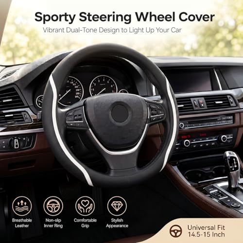 Steering Wheel Cover Black White, Carbon Fiber Car Steering Wheel Covers with Coasters Universal 14.5-15 inch Leather Microfiber Breathable Anti-Slip Steering Wheel Accessories Set - color: White, size: Medium