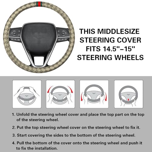 Steering Wheel Cover for Women with 2 Car Headrest Pillow and 2 Seat Belt Cushions Shoulder Pads Universal fit 14 1/2"-15" Steering Wheel Beige
