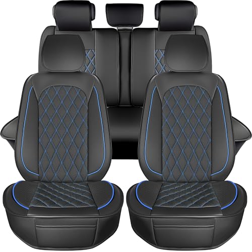 LINGVIDO Car Seat Covers Full Set (5 Seats) - Premium Perforated Nappa Leather, Waterproof Shield, Omni-Adapt Fit SUVs Sedans, Ultimate Family & Pet Protection - color: Black & Blue Line, size: Full Set (5 Seats)