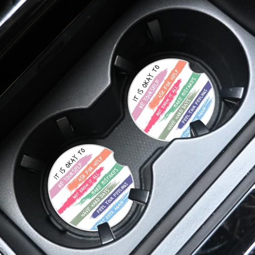 2 Pcs Encouraging Words Car Coasters,Ceramic Cup Holder Coasters with a Finger Notch,2.56" Ceramic Stone & Non-Scratch Cork Base,Car Accessories for Women&Man.