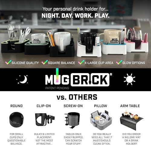 MugBrick Glowing Portable Silicone Cup Holder for Bed, Couch, Nightstand. Dishwasher Safe, Non-Spill Drink Holder for Bedside Table, Ottoman. White + Blue Glow - color: (E) White + Blue Glow