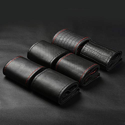 Universal Auto Steering Wheel Cover with Top Genuine Leather and Anti-Slip Design, Soft Padding, Heavy Duty - color: the black thread