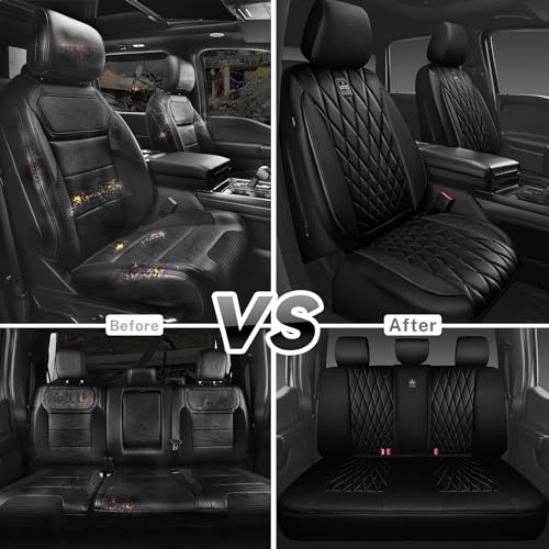 CAR PASS 5 Seats Piping Luxury Faux Leather Seat Covers Full Set, Anti-Slip Waterproof Seat Covers Compatible with Front Armrests, Universal Fit for Suvs,Vans,Trucks,Airbag Compatible, Pure Black - color: Black with Black, size: Full Set