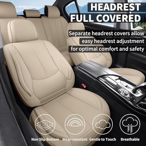 Car Seat Covers Full Set, Luxury Faux Leather Car Seat Covers Waterproof Non-Slip Seat Protector Universal Fit for Most Cars SUVs Trucks Pick-ups,Car Accessories Interior for Women(Beige)