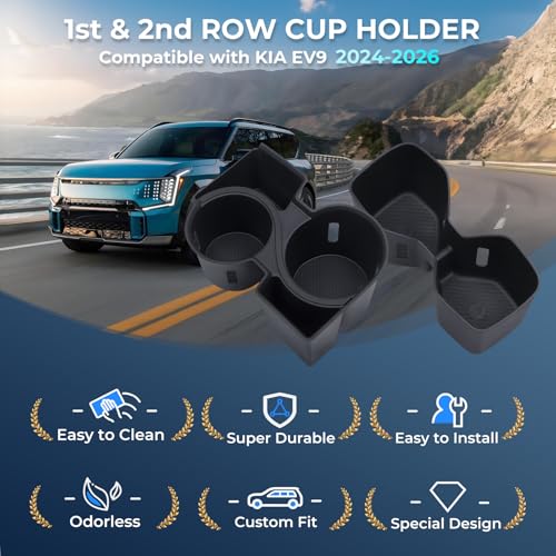 Center Console Cup Holder Inserts for KIA EV9 2026 2025 2024 (Only for Land AWD, GT-Line AWD), Interior Accessories Front & Rear TPE Cup Holders Covers Protector for 2024-2026 EV9, Black - style: Fits for 2024-2026 EV9