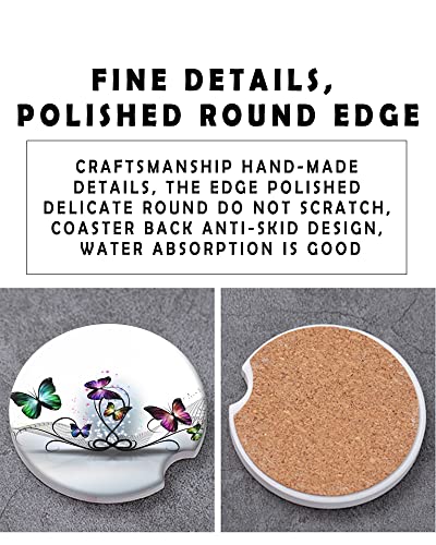 2 Pack Universal Ceramic Car Coasters Colorful Butterflies Abstract,Ceramic Stone with A Finger Notch for Easy Removal of Car Cup Holder Coaster - color: Colorful Butterflies Abstract