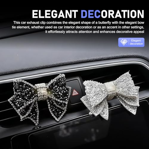 2 PCS Car Butterfly Bow Vent Clips, Bling Rhinestone Bow Straight Air Outlet Clip, Mini Leather Elegant Decoration, Universal Interior Accessory for Cars (Black & White)