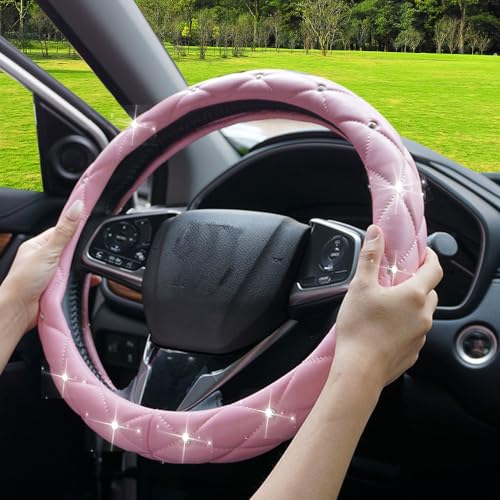 YOGURTCK Cute Diamond Soft Light Pink Leather Anti-Slip Steering Wheel Cover with Bling Bling Crystal Rhinestones, Universal 15 Inch for Women Girls, Fit Vehicles, Sedans, SUVs, Vans, Trucks - color: A-Baby Pink