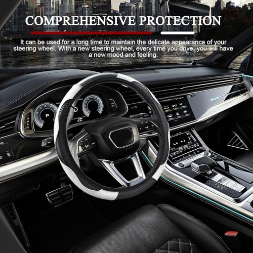 Car Steering Wheel Cover, Non-Slip Car Wheel Cover Protector, 15 inch Carbon Fiber Microfiber PU Leather Elastic Steering Wheel Protector for Men Women, Universal Auto Accessories (White)