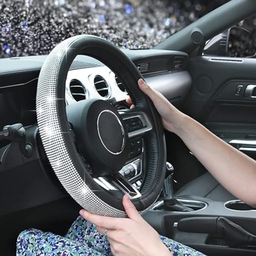 CAR PASS Bling Silver Diamond Leather Steering Wheel Cover, with Sparkly Crystal Glitter Rhinestone Universal Fit 13" 1/2-14" Small Car Wheel Protector for Women Girl Fit Car,SUV,Van,Sedan, Silver - color: Silver Diamond Leather Small